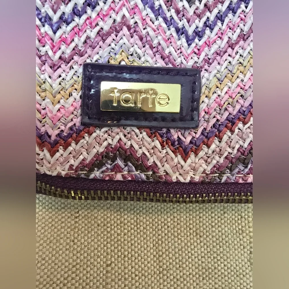 Tarte Pink Purple Woven Chevron Canvas Zipper Travel Makeup Assessory Bag